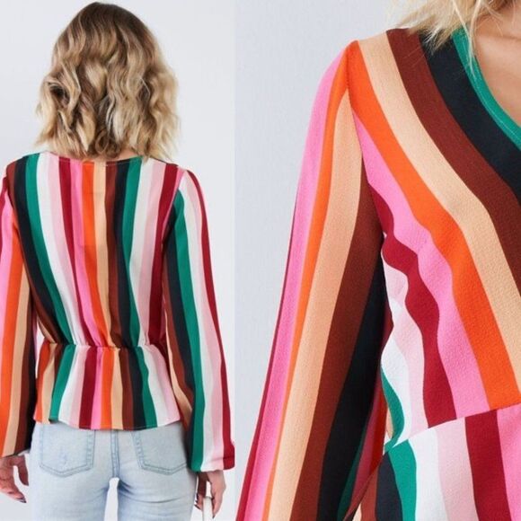 2/$30 Molly Green Bright Rainbow Stripe Balloon Sleeve Retro Top Blouse Small - Picture 3 of 9